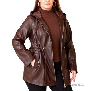 Plus Size Faux Leather Hooded Moto Jacket Trench Coat with Drawstring